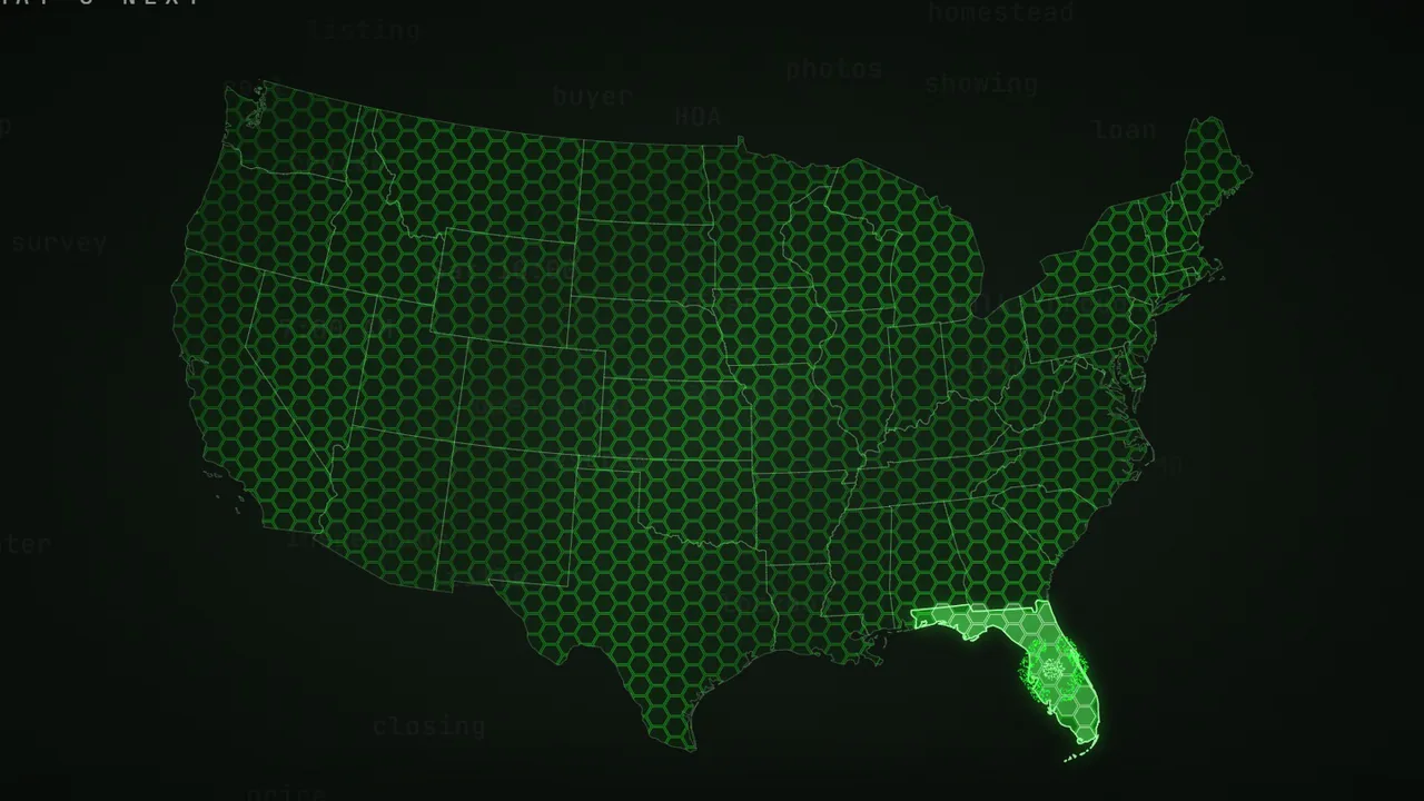 The film's map of the United States, Florida lit.